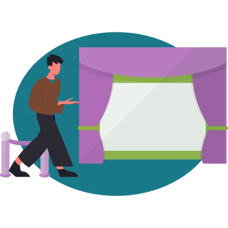 Mann präsentiert Theaterbühne  Illustration