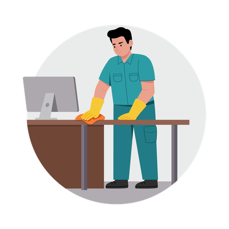 Mann putzt Bürotisch  Illustration