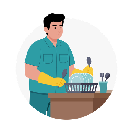 Mann putzt Küchenteller  Illustration