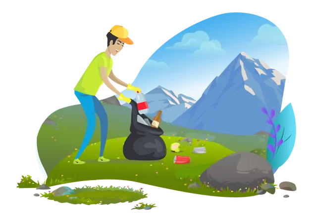 Mann räumt Müll auf dem Berg weg  Illustration