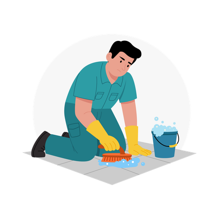Mann putzt Boden mit Schwamm  Illustration