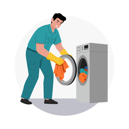Mann reinigt Kleidung in der Waschmaschine  Illustration