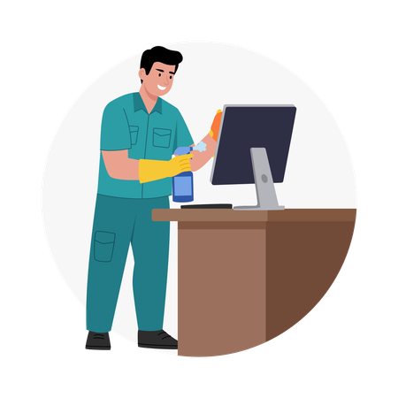 Mann putzt Computer  Illustration