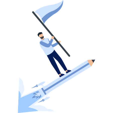 Mann reitet auf einer Bleistiftrakete mit einer Flagge und erreicht Ziele und Erfolg  Illustration