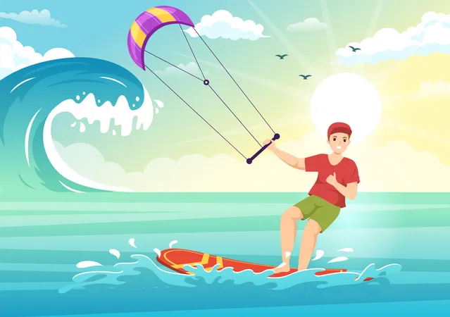 Kitesurfing Illustration Mit Kitesurfer Der Auf Einem Kiteboard Im Sommermeer Steht In Einer Flachen Handgezeichneten Vorlage Fur Extremwassersport Illustration