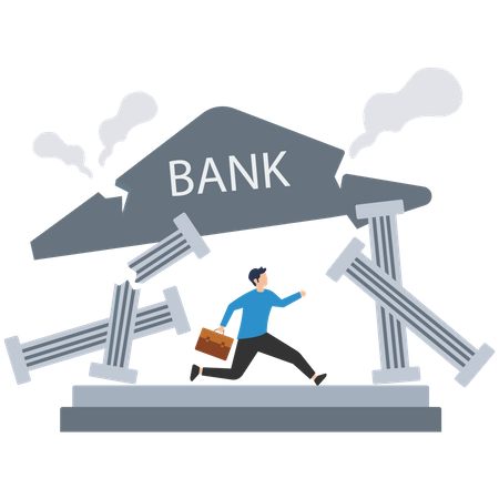 Mann rennt aus ruinierter Bank  Illustration