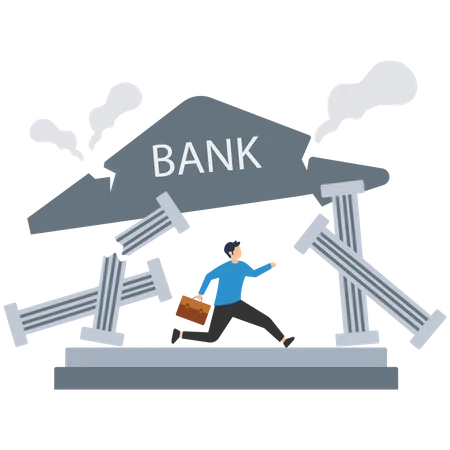 Mann rennt aus ruinierter Bank  Illustration