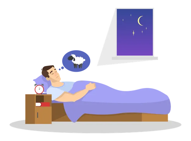 Mann ruht sich nachts im Bett auf dem Kissen aus  Illustration