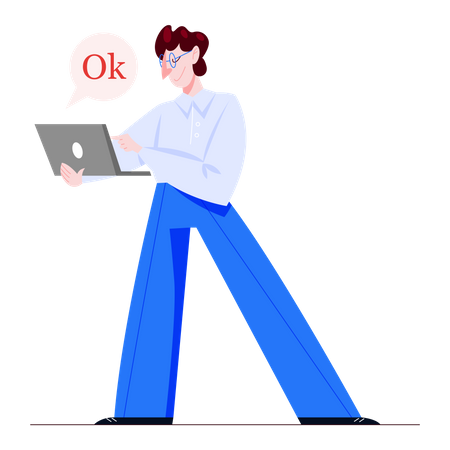 Mann sagt „Okay“, während er Laptop benutzt  Illustration