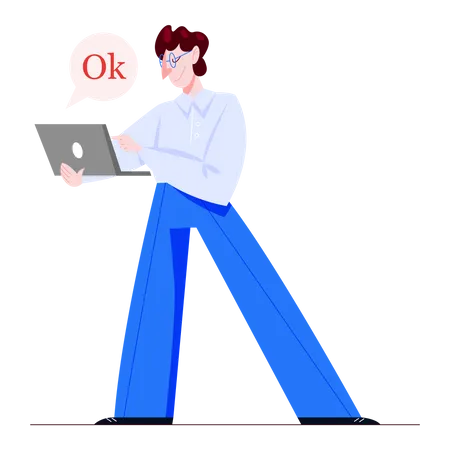 Mann sagt „Okay“, während er Laptop benutzt  Illustration