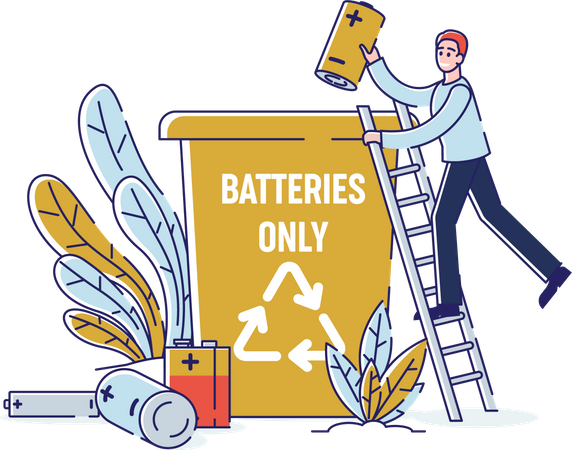 Mann sammelt Altbatterien und wirft sie in Müllcontainer  Illustration