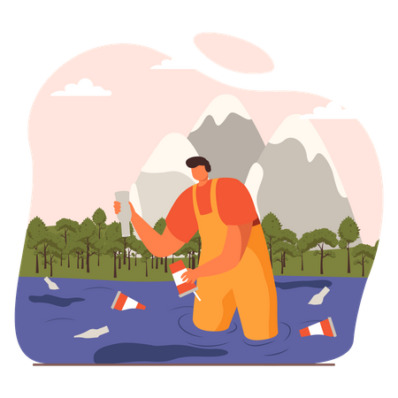 Mann sammelt Müll aus dem Meer  Illustration