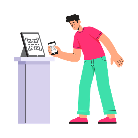 Mann scannt QR-Code an der Einkaufstheke  Illustration