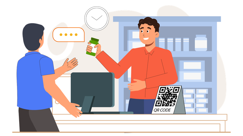 Mann scannt QR-Code, um an der Kasse zu bezahlen  Illustration