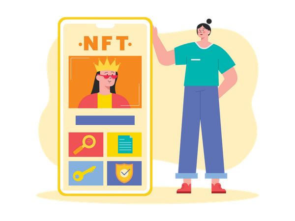 Mann schaut sich mobile NFT-Börse an  Illustration