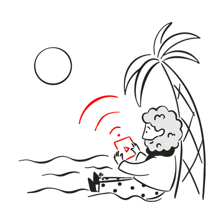 Mann sieht sich auf abgelegener Insel ein Video an  Illustration