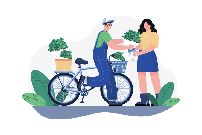 Mann schenkt Blumenstrauß auf Fahrrad  Illustration