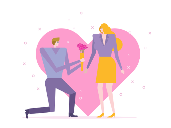 Mann schenkt schönem Mädchen zum Valentinstag einen Strauß Rosen  Illustration