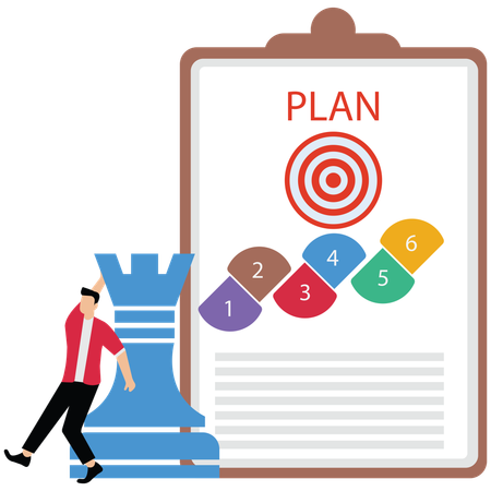 Mann schiebt Turm Schachfigur mit strategischer Planung, um Schwierigkeiten zu überwinden  Illustration