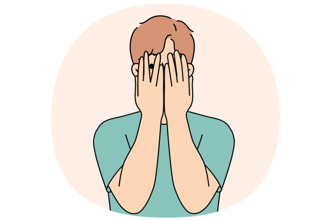 Mann schließt die Augen mit den Händen und guckt, während er sich aufgeregt fühlt in Erwartung von Panik  Illustration