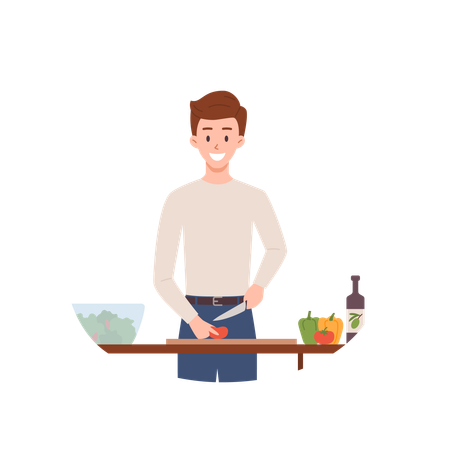 Mann schneidet Gemüse für Salat, Leute genießen das Kochen in der Küche  Illustration