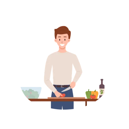 Mann schneidet Gemüse für Salat, Leute genießen das Kochen in der Küche  Illustration