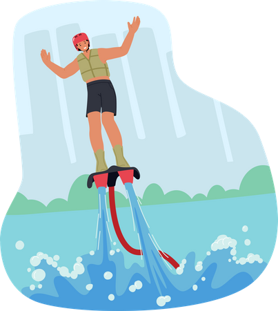 Mann schwebt auf Flyboard mit Wasserantrieb  Illustration