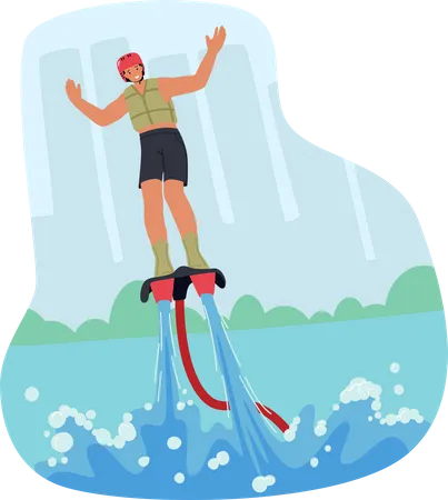 Mann schwebt auf Flyboard mit Wasserantrieb  Illustration