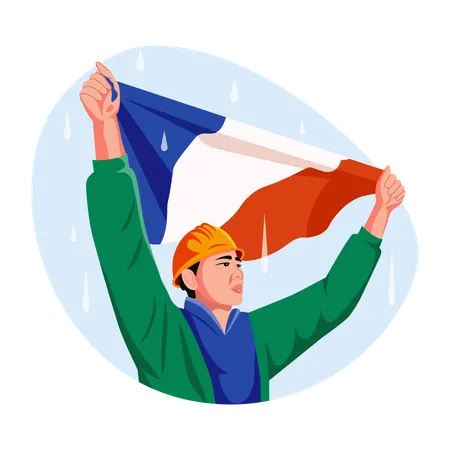 Mann schwenkt Arbeiterflagge  Illustration