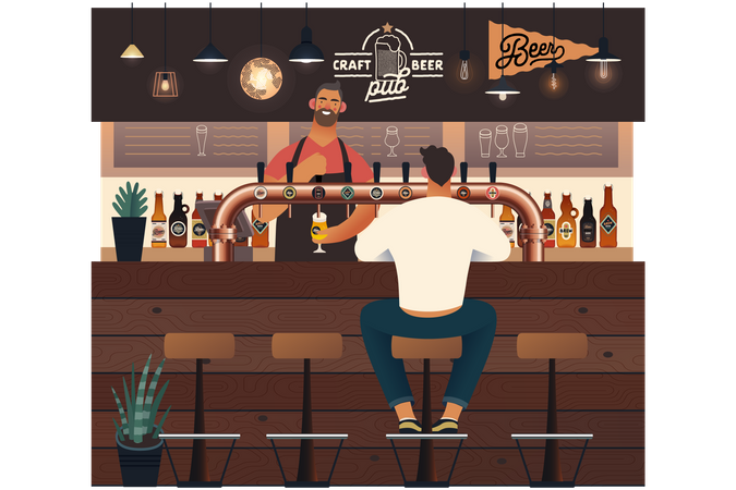 Mann serviert Bier an Kunden im Pub  Illustration