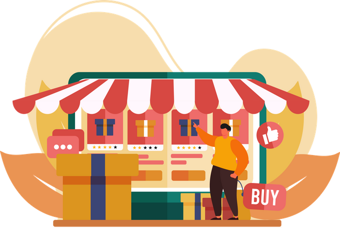 Mann kauft auf Online-Marktplatz ein  Illustration