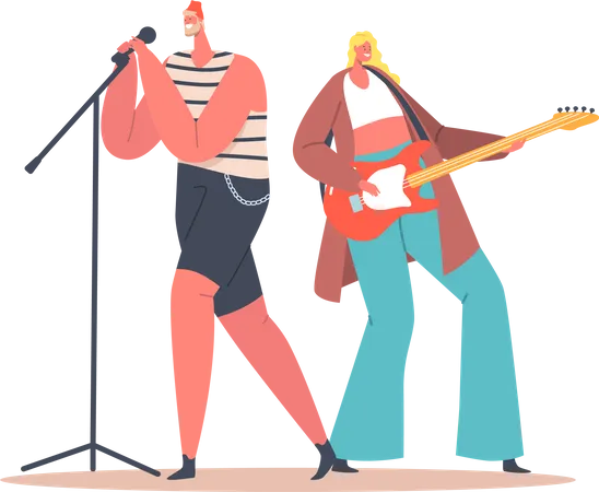 Ein singender Mann und eine Gitarre spielende Frau auf einem Festival  Illustration
