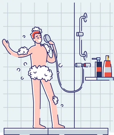 Mann singt in der Dusche, weißes Baden im Badezimmer  Illustration