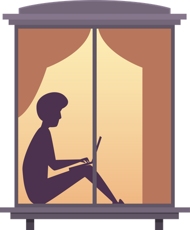 Mann sitzt am Fenster und arbeitet am Laptop  Illustration