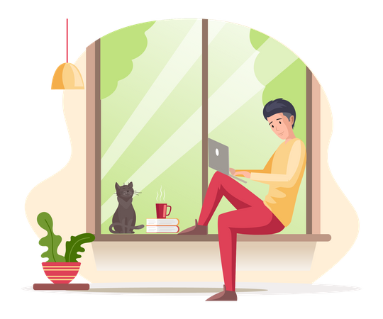 Mann sitzt am Fenster und arbeitet am Laptop  Illustration
