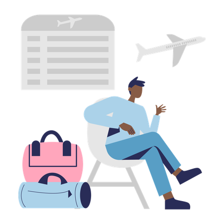 Mann sitzt am Flughafen während Flugverspätung  Illustration