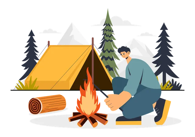 Mann sitzt am Lagerfeuer  Illustration