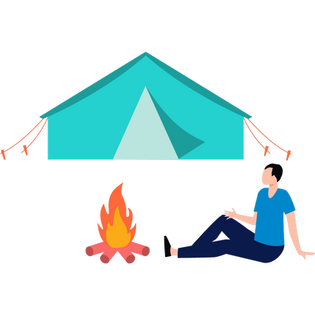 Mann sitzt am Lagerfeuer  Illustration