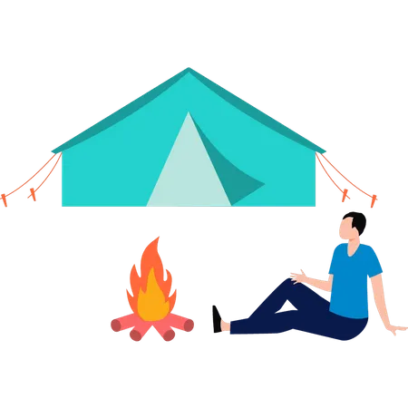 Mann sitzt am Lagerfeuer  Illustration