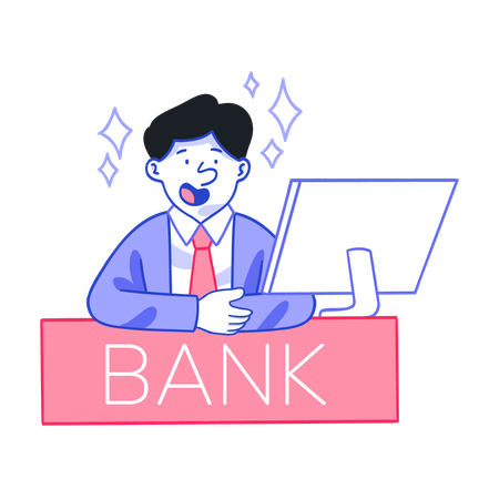 Mann sitzt am Bankschalter  Illustration