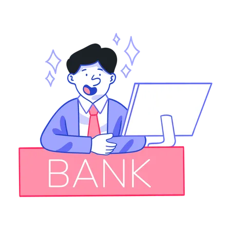 Mann sitzt am Bankschalter  Illustration