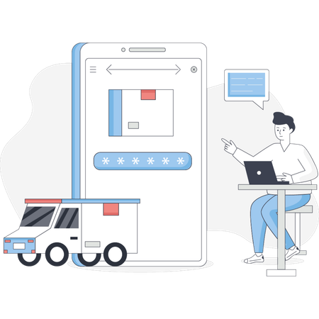Mann sitzt an einem Schreibtisch mit einem Telefon neben ihm und einem Spielzeug-LKW vor ihm konzentriert sich auf seine Arbeit  Illustration