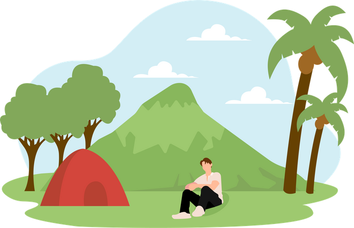 Mann sitzt auf Campingplatz  Illustration