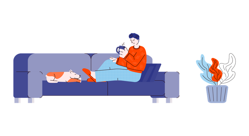 Mann sitzt mit einer Tasse Tee auf dem Sofa  Illustration