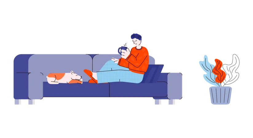 Mann sitzt mit einer Tasse Tee auf dem Sofa  Illustration