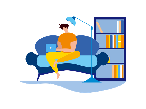 Mann sitzt auf der Couch mit Laptop und Bücherregal im Hintergrund  Illustration