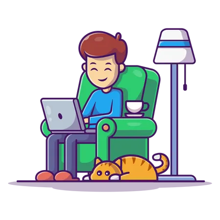 Mann sitzt auf der Couch und arbeitet am Laptop  Illustration