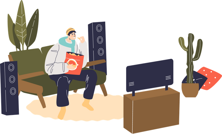 Mann sitzt auf der Couch und sieht fern  Illustration