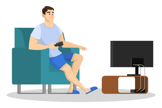 Mann sitzt auf der Couch und sieht fern  Illustration