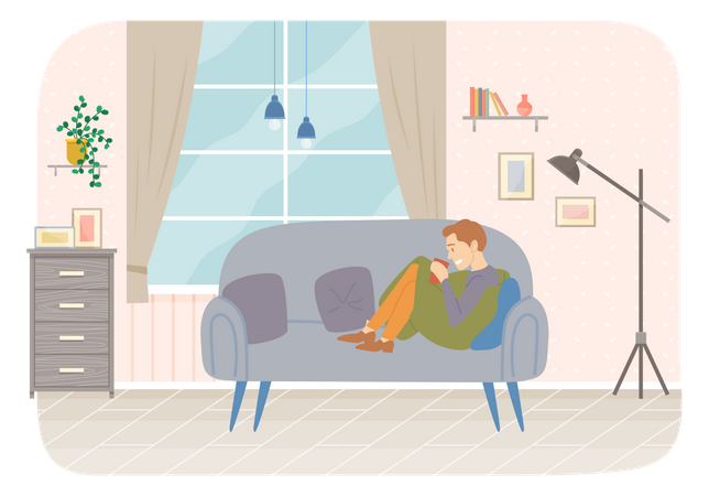 Mann sitzt auf der Couch und trinkt Kaffee oder Tee in der Wohnung  Illustration